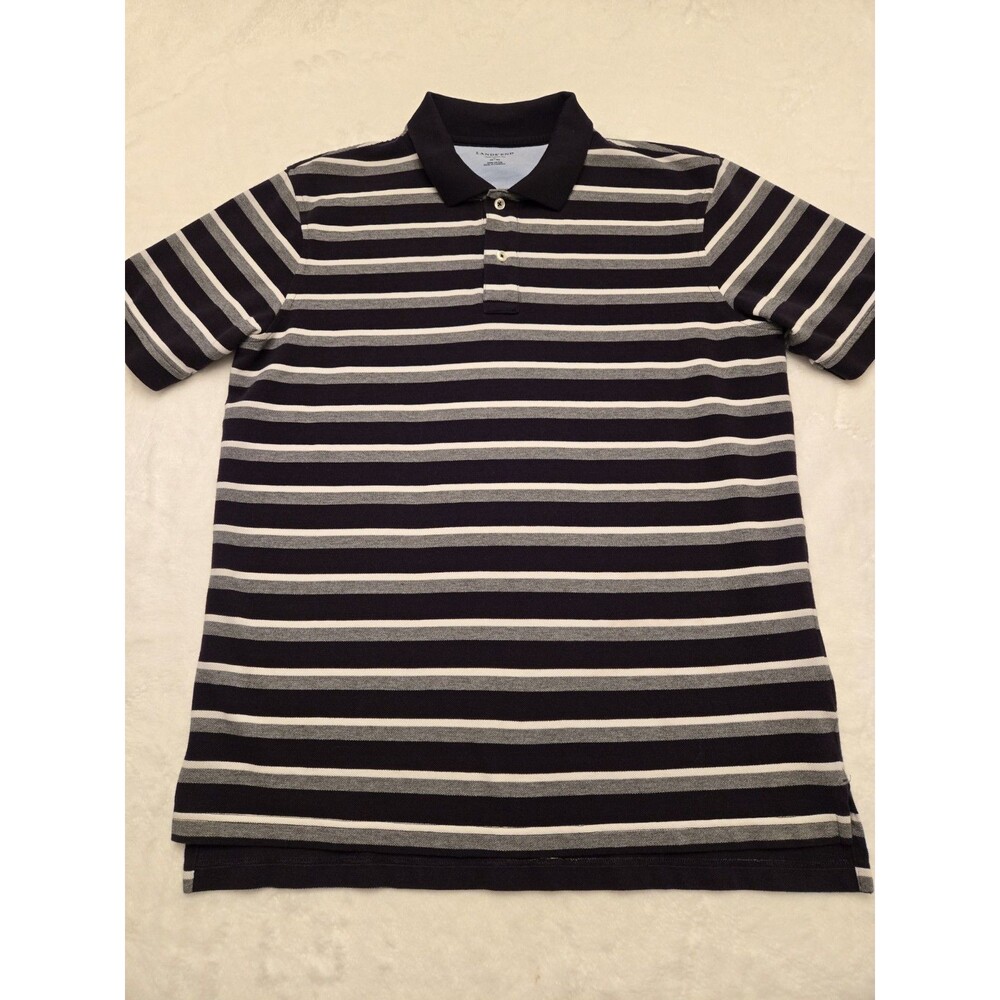 Vintage Lands End Polo Shirt Mens Large Dark Blue Striped White Gray